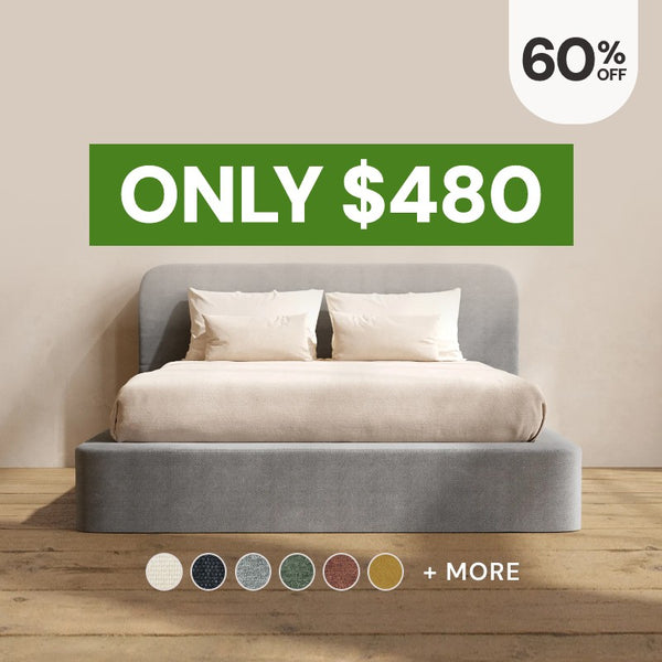 Washable platform bed frame in Ash fabric highlighting the bestselling bed frames, now 60% off starting at $480.