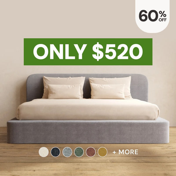 Washable platform bed frame in Ash fabric highlighting the bestselling bed frames, now 60% off starting at $520.