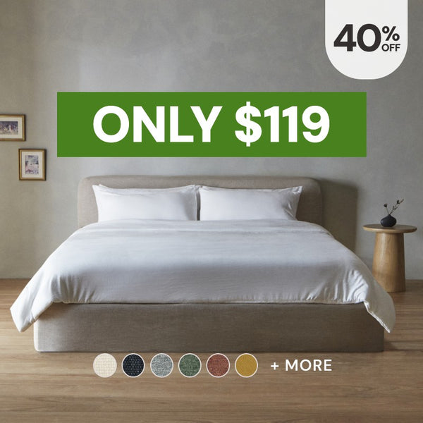 Washable platform bed frame in Ash fabric highlighting the bestselling bed frames, now 60% off starting at $520.