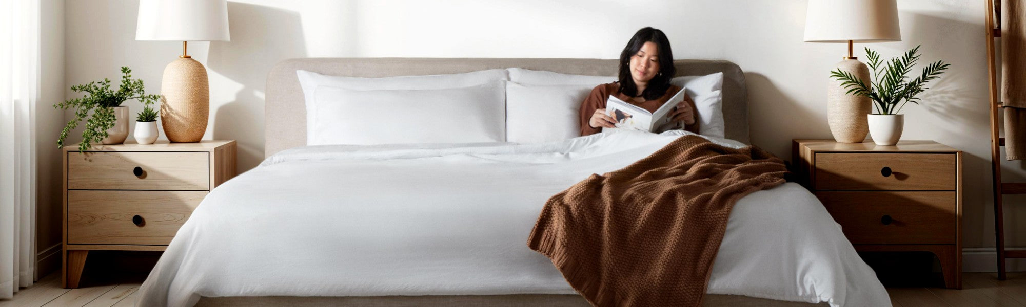 Lifestyle banner image of washable platform bedframe in oat fabric styled in a real home setting highlighting a 30-day risk-free trial.