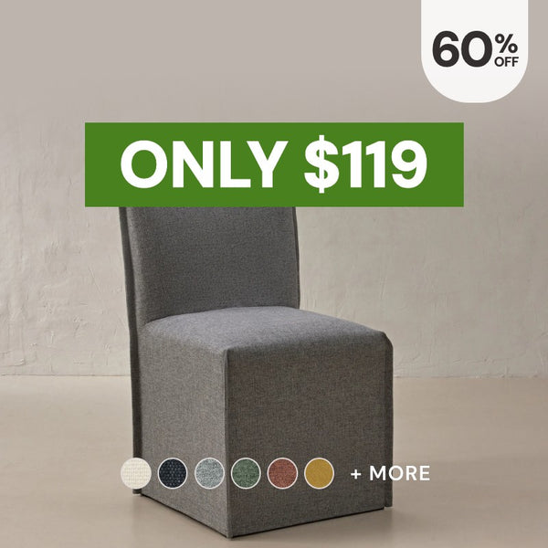 Washable modular dining chairs in Ash fabric highlighting the bestselling dining chairs, now 60% off starting at $119.