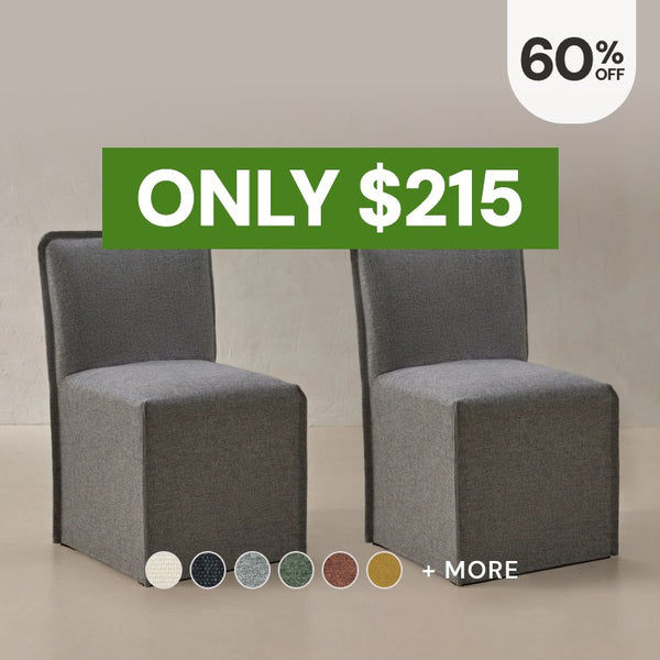 Washable modular dining chairs in Ash fabric highlighting the bestselling dining chairs, now 60% off starting at $119.