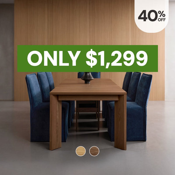 Washable modular dining chairs in Willow fabric around the extendable dining table in Oak highlighting the bestselling dining table, now 40% off starting at $1299.
