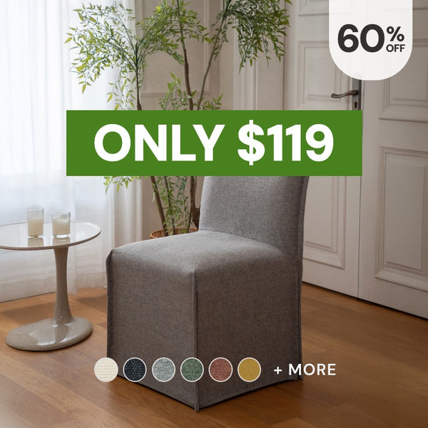 Washable modular dining chairs in Ash fabric highlighting the bestselling dining chairs, now 60% off starting at $119.