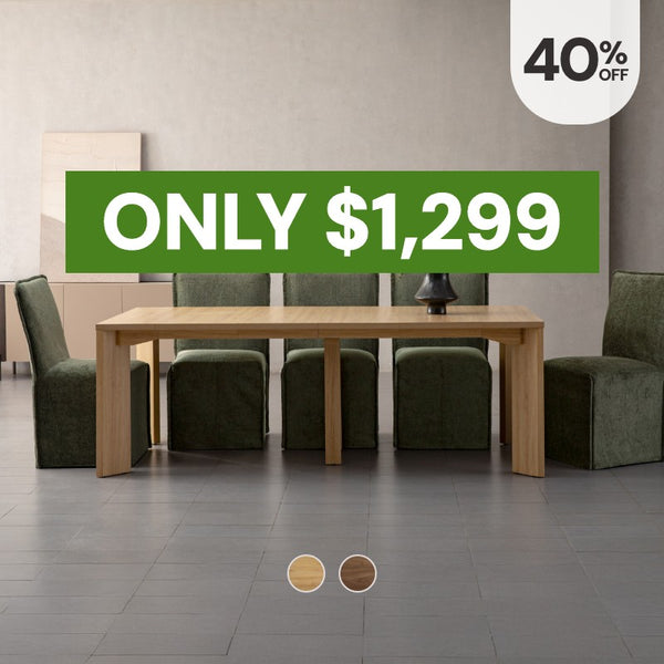 Washable modular dining chairs in Willow fabric around the extendable dining table in Oak highlighting the bestselling dining table, now 40% off starting at $1299.