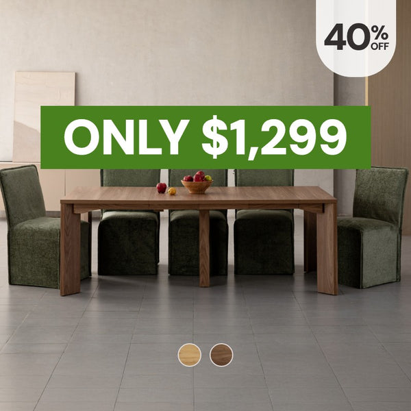 Washable modular dining chairs in Willow fabric around the extendable dining table in Walnut highlighting the bestselling dining table, now 40% off starting at $1299.