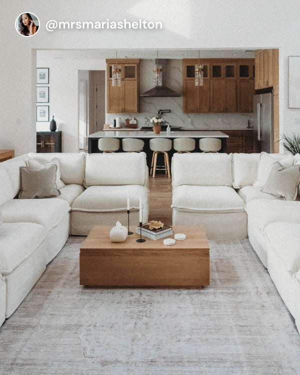 Lifestyle image of a Modular Washable 8-Seater Open-Ends U-Sectional + Ottoman in Coco fabric, shown in a real customer home setting styled as a user-submitted review photo.