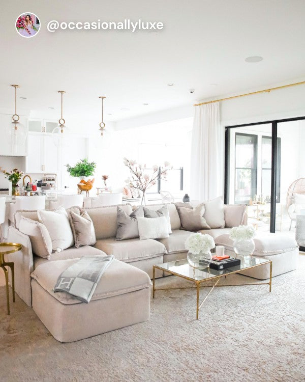 Lifestyle image of a Modular Washable 4-Seater U-Sectional in Mist fabric, shown in a real customer home setting.