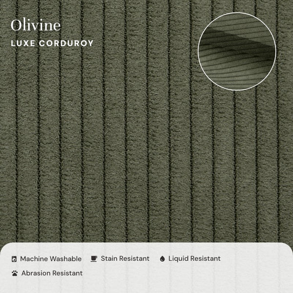 Close up view of fabric swatch luxe corduroy in olivine