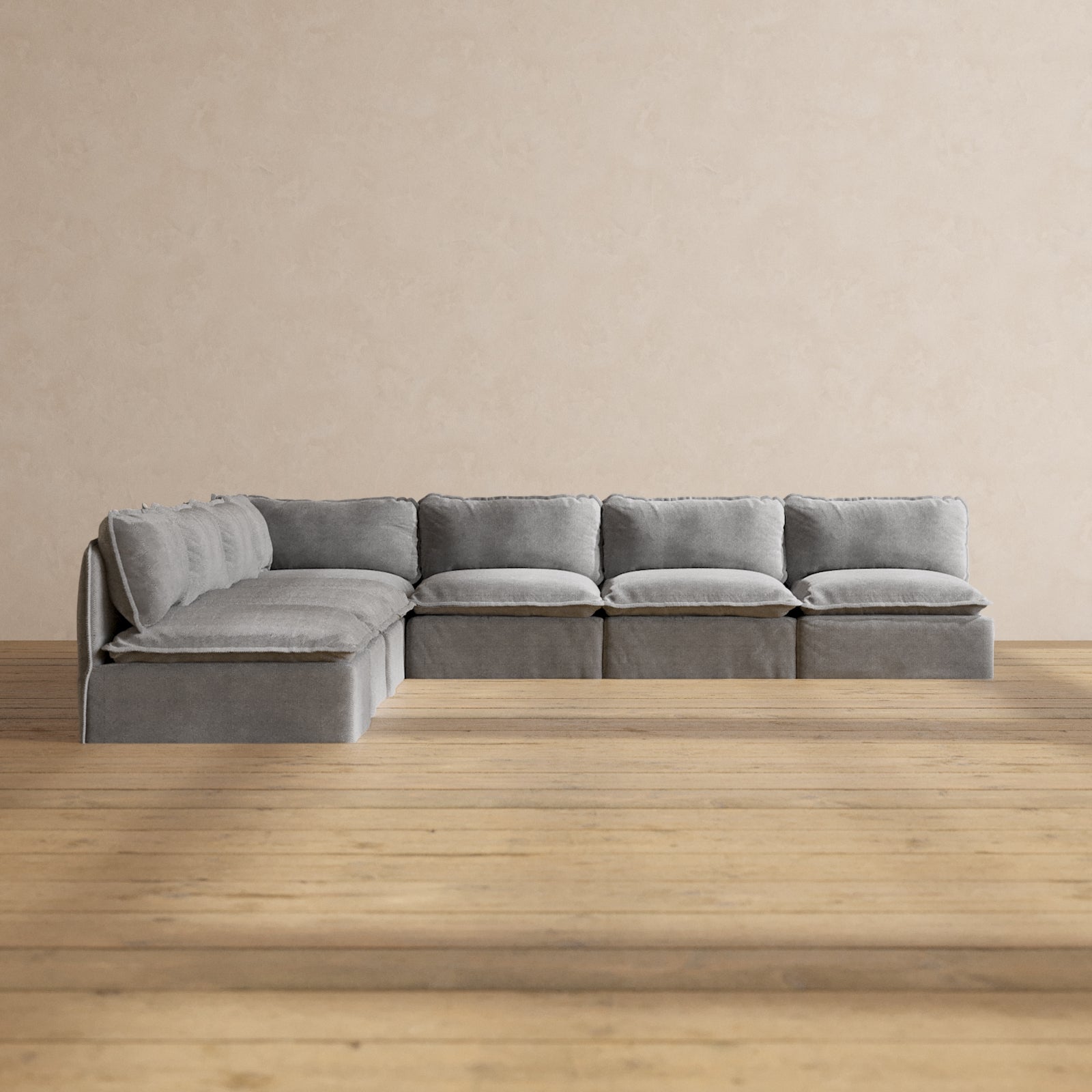 Modular Washable 7-Seater Open-Ends Corner Sectional in Ash | Deluxe+ Seat | Cloud Pillow