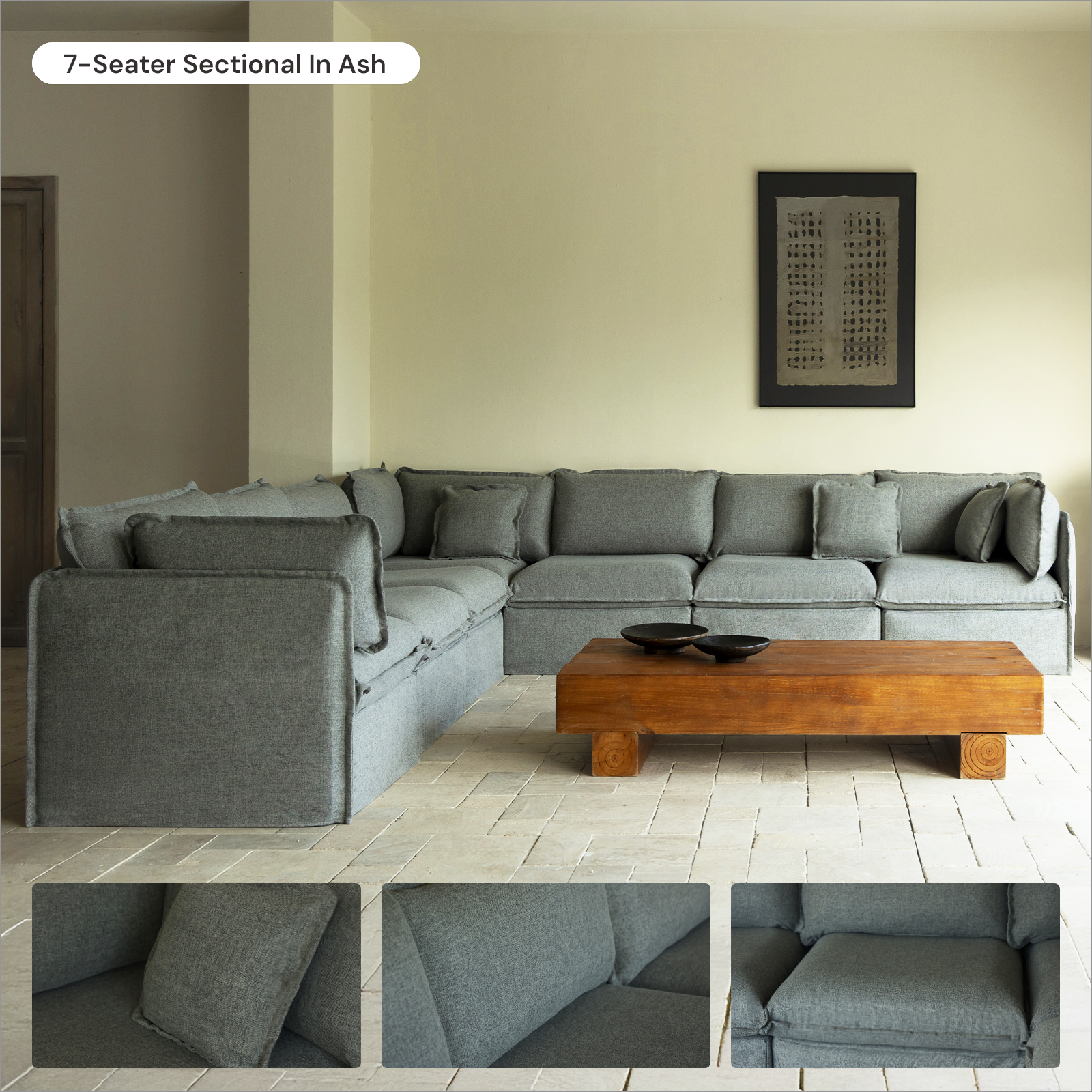 Modular Washable 3-Seater Sectional in Ash Deluxe+ Seat Cloud Pillow