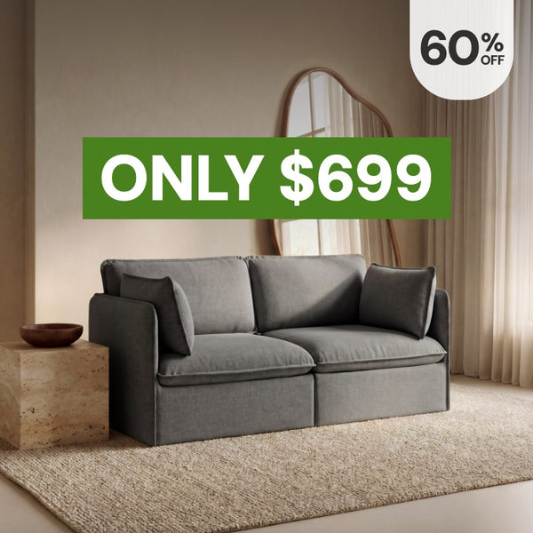 Modular 2-seater loveseat in Ash fabric highlighting the bestselling washable loveseat, now 60% off starting at $699.