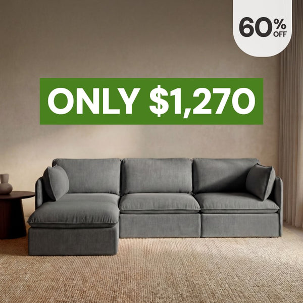 Modular 3-seater sectional in Ash fabric highlighting the bestselling washable sectional, now 60% off starting at $1,270.