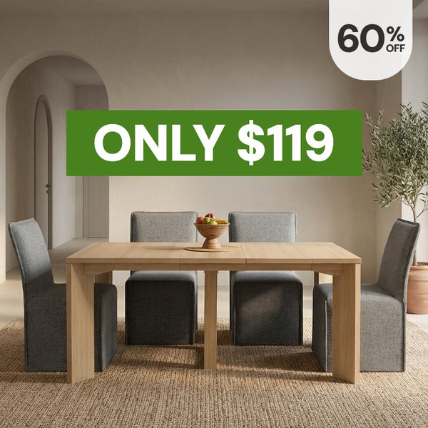 Washable modular dining chairs in Ash fabric highlighting the bestselling dining chairs, now 60% off starting at $119.