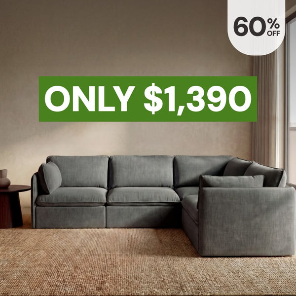 Modular 4-seater corner sectional in Ash fabric highlighting the bestselling washable corner sectional, now 60% off starting at $1,390.