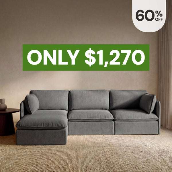 Modular 3-seater sectional in Ash fabric highlighting the bestselling washable sectional, now 60% off starting at $1,270.