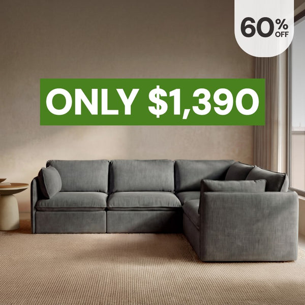 Modular 4-seater corner sectional in Ash fabric highlighting the bestselling washable corner sectional, now 60% off starting at $1,390.