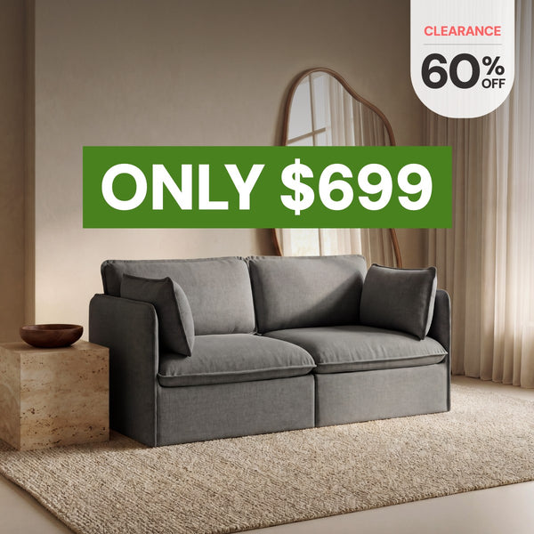 Modular 2-seater loveseat in Ash fabric highlighting the bestselling washable loveseat, now 60% off starting at $699.