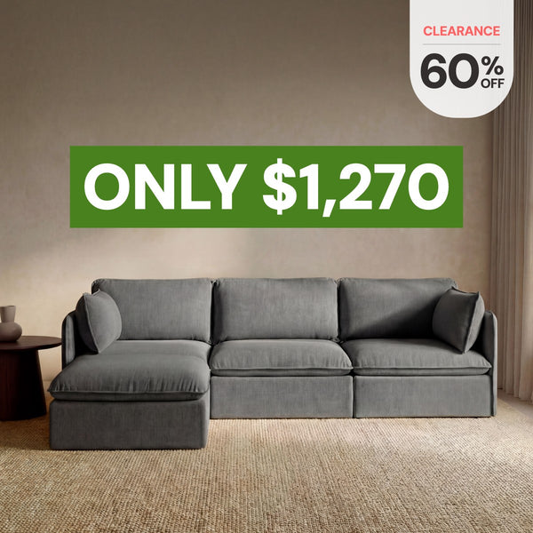 Modular 3-seater sectional in Ash fabric highlighting the bestselling washable sectional, now 60% off starting at $1,270.
