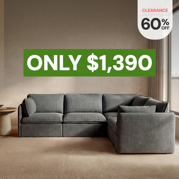 Modular 4-seater corner sectional in Ash fabric highlighting the bestselling washable corner sectional, now 60% off starting at $1,390.