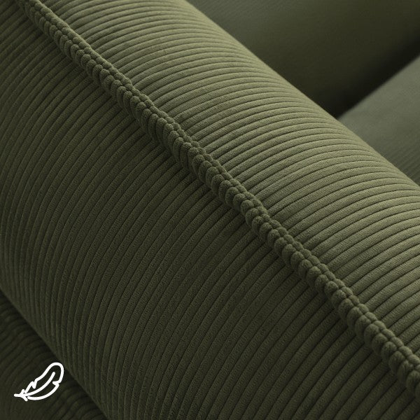 Close-up of a back pillow in Olivine fabric, highlighting low-maintenance cushions that hold shape without frequent fluffing.