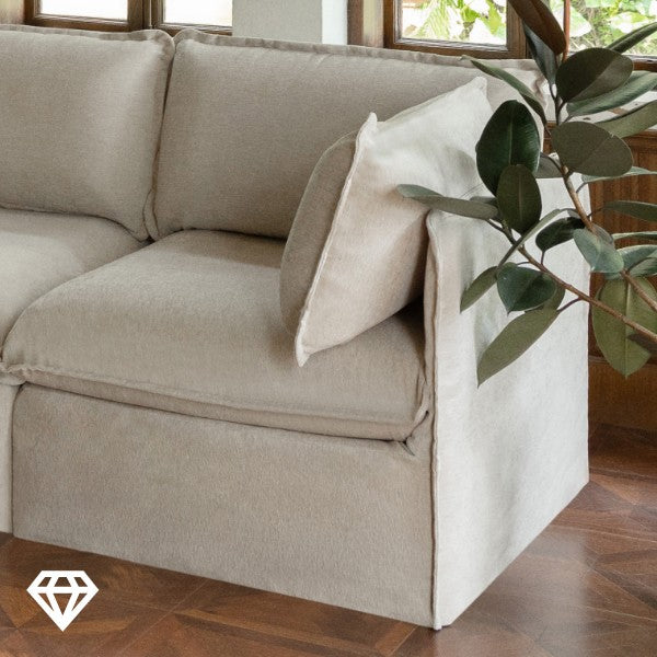 Close-up of a Modular 3-seater sofa in Mist fabric, highlighting a durable steel frame construction.